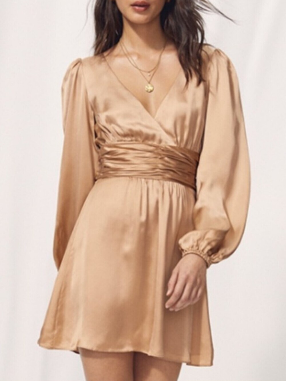 Aritzia Wilfred Women's Gold Rhythm Dress Satin With Puffed Sleeves Size 4